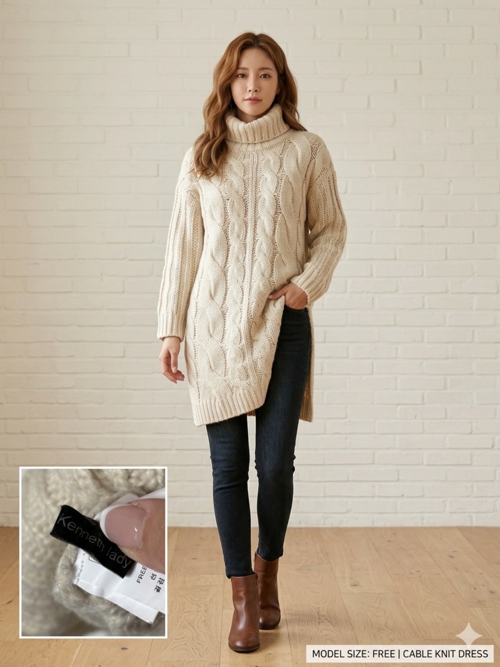 Kenneth Lady Cream Cable Knit Turtleneck Sweater Dress OS Chunky Oversized Cozy